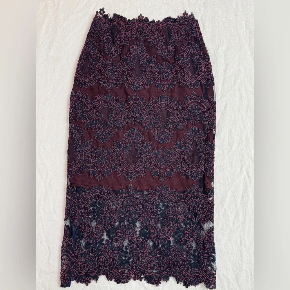 Sandro Paris Lace Overlay Burgundy & Blue Midi Pencil Skirt Size 2 Designer